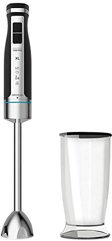 Cecotec Batidora de Mano PowerGear 1500 XL. 1500 W, 21 Velocidades + Turbo, Acero Inox/Silicona, Brazo XL, Cuchilla de 4 hojas, Recubrimiento de Titanio, Engranaje de Metal, Incluye Vaso con Tapa