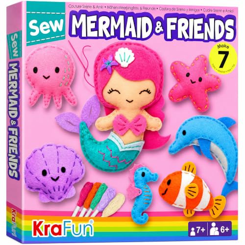 KRAFUN Mermaid Sea Animals Beginner Sewing Kit for Kids Art & Craft kit, Includes 7 Soft Plush Dolls, Instructions & Felt Materials for Learn to Sew, Embroidery Skills, Gift for Girls Educational
