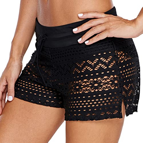 Ulicox Shorts de Baño Mujer Secado Rápido Verano Pantalon Bañador Mujer con Cordón Ajustables Shorts de Natación Pantalon Corto de Mujeres para Playa Surf Negro M
