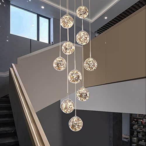 KAUCQI 10-Light LED Staircase Chandelier Crystal Ceiling Lights Large Chandeliers for High Ceilings, Entryway Modern Lighting Fixture Villas and Stairs, Adjustable Length 16 W x79 H，50W -Grey