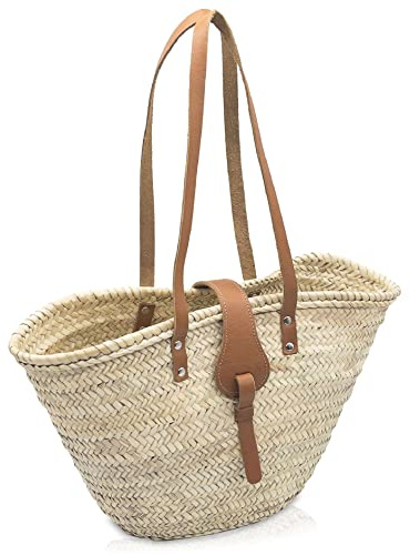 FRENCH BASKET Straw Beach Tote Bag with Leather Handles, Canvas Pouch & Zip Closure, Moroccan Market Basket for Summer
