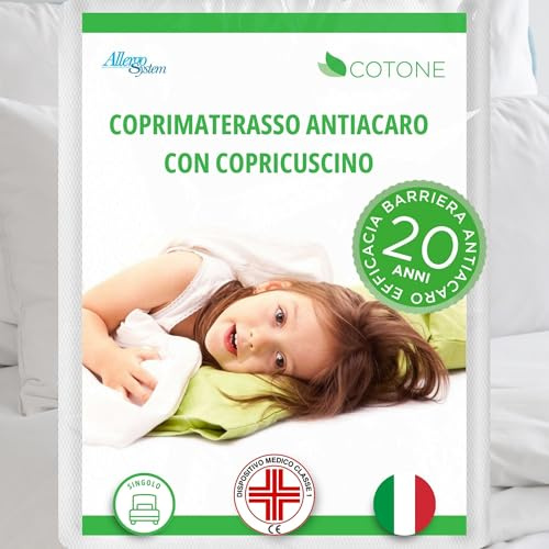 Allergosystem Set Coprimaterasso Antiacaro Singolo Cotone con Cerniera 90x200cm e Copriscuscino Letto 50x80cm - Dispositivo Medico Antiacaro e Anallergico MADE IN ITALY - Linea Cotone