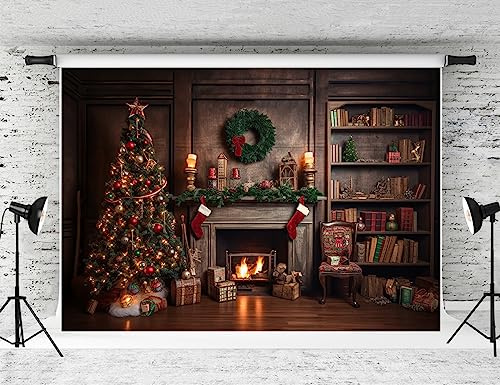 Kate 7x5ft Christmas Fireplace Backdrop Retro Christmas Balls Xmas Tree Sock Gift Decorations for Photography Background Christmas Eve Photo Studio Props Backdrops