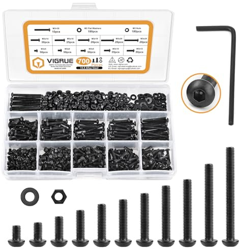 VIGRUE 700PCS Klein Schrauben und Muttern Set, Kohlenstoffstahl Schwarz Metrische Schrauben set, M3 Innensechskant Gewindeschrauben set,Maschinenschrauben Schraubensortiment