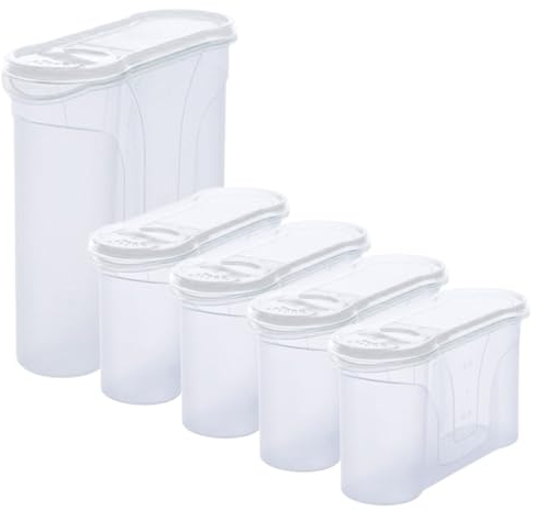 Novaliv Juego de 5 botes de almacenamiento para esparcir (1 x 4 litros y 4 x 1 litro), latas con tapa para cereales, harina, azúcar, latas de cocina, organizadores, cajas de comida, cajas de