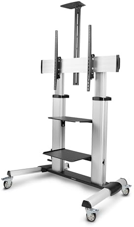 StarTech.com Rolling TV Cart/Stand On Wheels, Up to 100-inch/220lb Flat Screens, Hand Crank Height Adjustable Mobile Trolley
