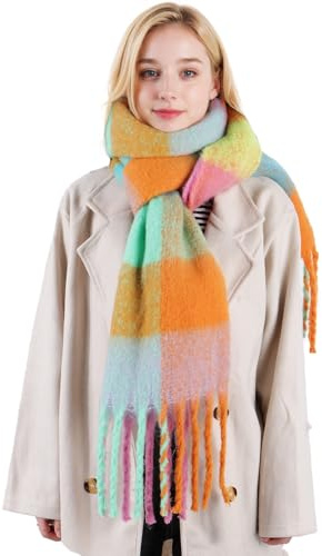 Lamca Women Tartan Scarf - Winter Long Scarves Colorful Plaid Blanket Warm Wool Tassel Wraps Shawl Stole for Ladies UK