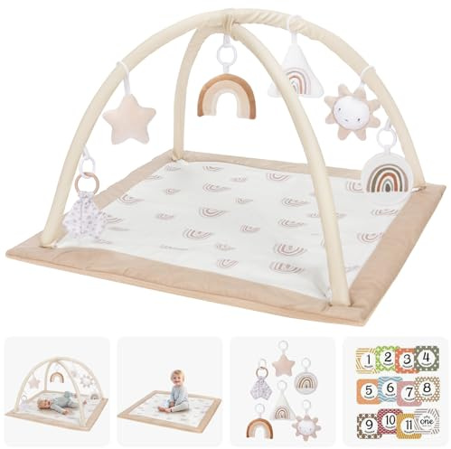 Mallify Spielbogen Baby Mädchen, Krabbeldecke für Baby mit 6 abnehmbaren sensorischen Spielzeugen und 12 bunten Meilensteinkarten, Spieldecke baby ab Geburt, Baby Gym 0-6 Monate, Braun