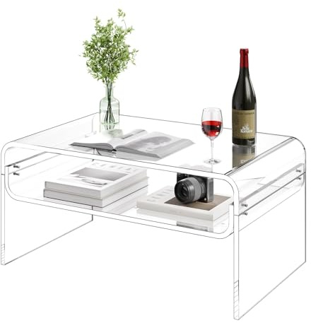 VEVOR Acrylic Coffee Table, Modern Waterfall Center Table with Open Storage Shelf, Clear Rectangle Lucite Desk for Living Room, Office Reception, 31.5 W x 19.7 D x 15 H, Large