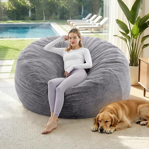 Olivia OMG Bean Bag Chair with Memory Foam Filling, Beanbag for Adult. 8 Colors, Machine Washable Removeable Flannel Cover, Soft Cozy for Bedroom, Living Room, Covered Outdoor Spaces 6 Feet Gray