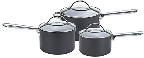 Anolon Batería de Cocina Profesional anodizada con cazo para Leche, cacerolas y sartén, Color Negro, Aluminio Duro anodizado, Negro, 3 Unidades