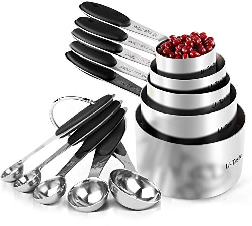 U-Taste 18/8 Stainless Steel Measuring Cups and Spoons Set of 10, Upgraded Thickness Handle (Black)