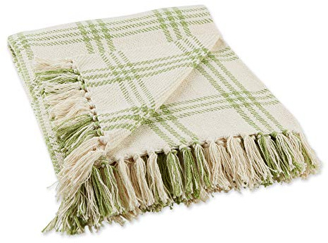 DII Modern Farmhouse Plaid Collection Cotton Fringe Throw Blanket, 50x60, White/Antique Green