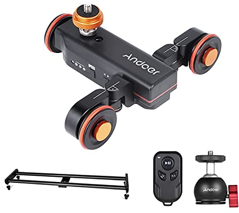 Andoer Kamera Video Dolly Slider Kit mit 3-Rad Auto Dolly Car 3-Fach verstellbar + 60 cm Schienenkamera Slider + Flexibler Kugelkopfadapter mit drahtloser Fernbedienung für DSLR-Kamera-Camcorder
