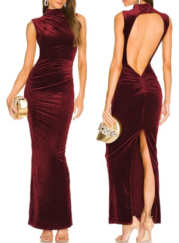 Capuffy Women Backless Velvet Maxi Dress Back Slit Ruched Bodycon Formal Dress High Neck Cocktail Party Dress 091(Small,Wine)