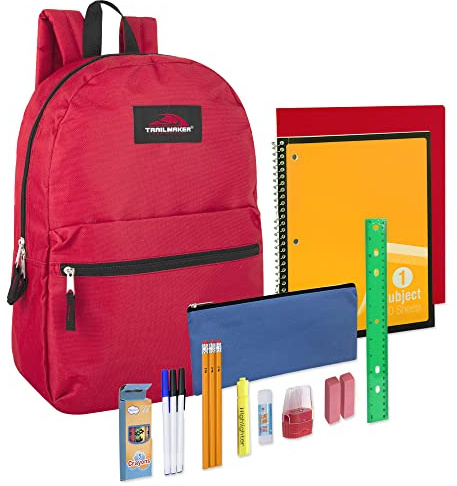Trail maker Backpack with School Supplies for Kids - 20 Piece Back to School Supplies with 17 Backpack (Red Pack)