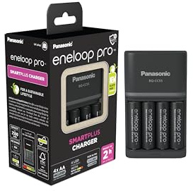 eneloop pro SmartPlus Charger, for 1-4 AA/AAA Rechargeable Batteries, 2h Charging Time, 10 Safety Features, 4 eneloop pro AA batteries included (2500 mAh), UK plug