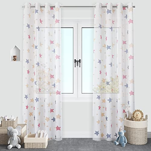 Dalina Textil - Cortinas Translúcida Infantiles Niño Dos Panel de 140x260cm- Cortina Visillo Juveniles Estampado de Estrellas para Habitación Sala de Estar 2 Pieza