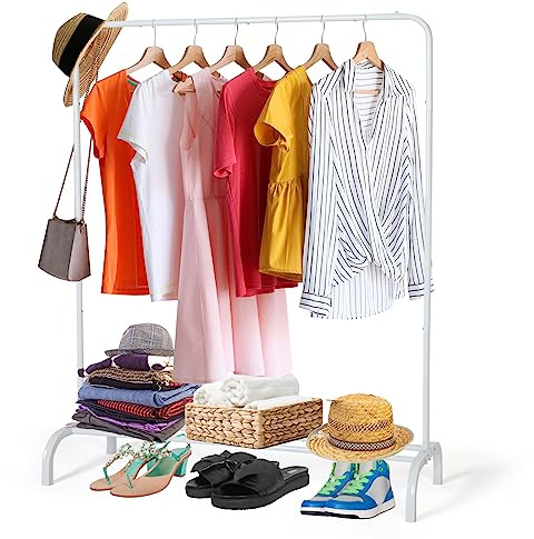 Metal Clothing Rack Garment Rack, Closet Rack Heavy Duty Hanging Racks for Clothes with Top Rod and Storage Bottom Shelf, Clothes Rail Hanger Stand Free for Hanging Coats, Skirts, Shirts 43.5 In-White