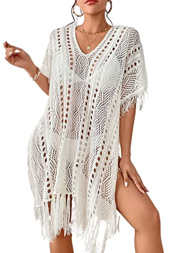 Bsubseach Femme Robe de Plage à Franges Col V Crochet Cache Maillot de Bain Ete Mode Bikini Cover Up Crochet Blouse Blanc