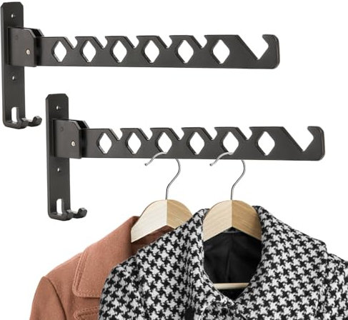 Coloch 2 Pack Wall Mounted Clothing Drying Rack, Metal Coat Drying Hanger Foldable Clothes Organizer Heavy Duty Laundry Hanger Rack for Closet, Bedroom, Indoor&Outdoor Use, Matte Black