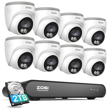 ZOSI 8CH 5MP PoE CCTV Camera System Outdoor Indoor, 2.5K 8 Channel H.265+ NVR with 2TB HDD and 8 X 4MP PoE Security Cameras, Smart Human Detection, Night Vision, Remote Access, 24/7 Recording