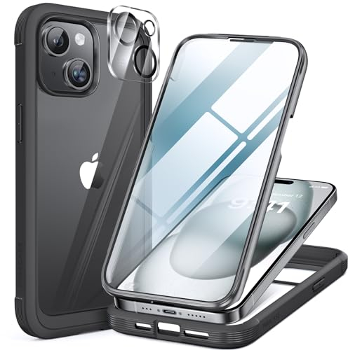 Miracase 360 Grad für iPhone 15 Plus Hülle, Komplettschutz HandyHülle Stoßfest Case für iPhone 15 Plus Leicht zu installierendes Schutzhüllen, Eingebaut Glas Schutzfolie, 6,7 Zoll, Schwarz