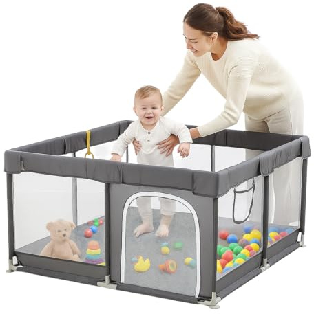 Corralito para bebés de 127 x 127 cm, juego suave para bebés y niños pequeños, tapete de juego para muebles de guardería de interiores y exteriores, tela de malla transpirable con anillos de dominadas
