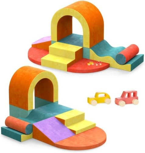 LOVIVO 10 PCS Soft Play Set Color Foam Climbing Blocks for Toddlers, Soft Play Block with Toy Car, Climbing Blocks for Toddlers 1-3, Indoor Climb and Crawl Set