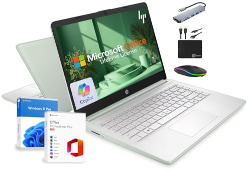 HP 14 Laptop 2025 Business Student Slim Computer, Lifetime MS Office, Copilot AI, Quad-Core Intel CPU, 16GB RAM, 628GB Storage (128GB UFS+500GB Ext), MarxsolAccessory, Wi-Fi 6, Win 11 Pro, Green