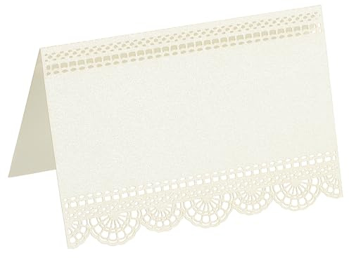 PATIKIL 50Pcs Wedding Place Cards, Laser Cut Lace Flower Name Place Cards Table Card Glitter Paper Pearlescent for Table Setting Wedding Reception Food Buffet Business Party, Beige