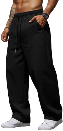 August Alley Men Baggy Sweatpants Cotton Wide Leg Chino Pants Loose Fit Elastic Waist Drawstring Uncuffed Pant with Pockets(Black,X-Large)