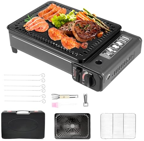 Juego de barbacoa de gas 2 en 1 para camping, balcón, barbacoa de mesa, hornillo de camping con parrilla y placa de barbacoa, para exteriores, pícnic, barbacoa