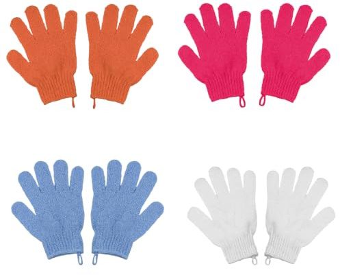 8 PCS Exfoliating Gloves, Dual-Sided Dead Skin Remover Wash Mitts for Adults and Kids, Shower Scrub Gloves (Blue, White, Red, Orange)