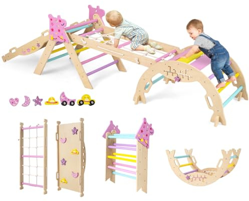 COSTWAY Triángulo de Escalada Interior, Estructura de Escalada Plegable con Tobogán, Arco de Escalar, Triángulo de Madera para Niños de 1+ año (Unicornio-4 Piezas,Macaron Rosa)