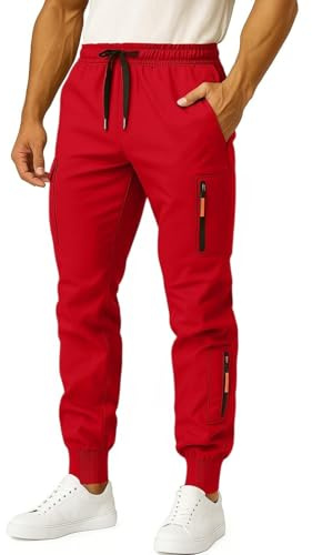 Mens Cuffed Cargo Trousers Slim Fit Stretch Combat Trousers Multipockets Joggers Elasticated Waist Tracksuit Bottoms Comfortable Cargo Sweatpants Drawstring Casual Pants Red