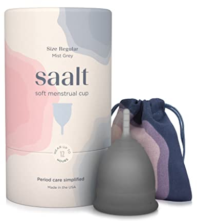 Saalt Soft Menstrual Cup - Super Soft and Flexible - Best Sensitive Cup - Wear for 12 Hours - Made in USA (Grey, Regular)