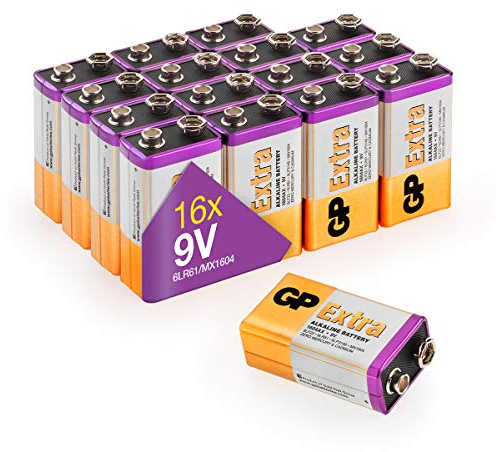 GP Extra Alkaline 9V Blockbatterie Longlife | 9V Batterien mit hoher Energiedichte | 16 Stück Blockbatterien 9 Volt für Rauchmelder etc. | Neue G-TECH Technologie