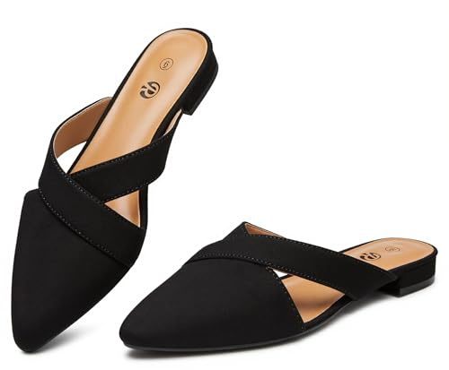 Rekayla Mules for Women Pointed Toe Flats Backless Loafers Slip On Shoes for Women, Black Size 9