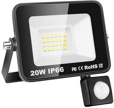 Willpower Foco LED Exterior 20W Proyector LED con Detector de Movimiento Impermeable IP66 Luces LED Exterior 6000K Blanco Frío Luz de Inundación Seguridad para Garaje Patio Jardín Terraza Parque