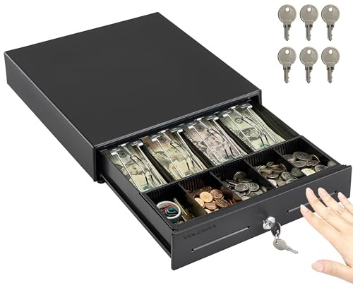 Volcora 13 Manual Push Open Cash Register Drawer for Point of Sale (POS) System, Black Heavy Duty Till with 4 Bills and 5 Coin Slots, Key Lock with Removable Coin Tray and Double Media Slots