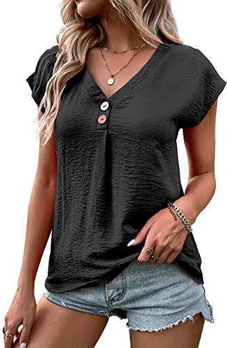 KONFEN Blusas Mujer Mangas Cortas, Cuello en V Camisas Túnico Botón Tops Verano, Camisetas Mujer Casual Elegante Suelta Shirts Liso, Negro XL