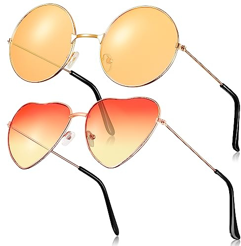 Fiada 2 Paires Lunettes de Soleil Hippies Rétro Vintage Rondes et Forme de Cœur pour Déguisement Costume Hommes Femmes (Orange)