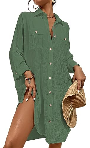 Bsubseach Femmes Coverups Pour Maillots De Bain Boutonné Chemise Robe Beach Cover Up Blouse D’éTé Vert Xl