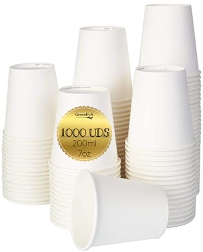 GreenFyA Caja 1000 Vasos De Papel 200ml (7oz) Ecológicos Desechables apto Cafe-Agua-Bebidas Calientes y Frias- Ideales para Fiestas, Eventos, Catering, Oficinas y Hostelería