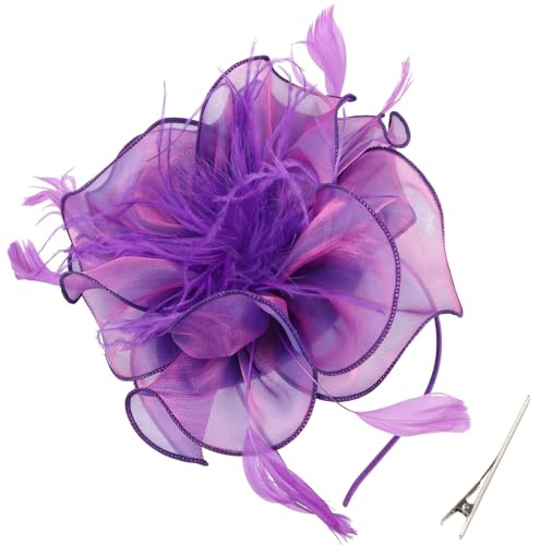 DRESHOW Fascinators Hat Cocktail Tea Party Headwear Flor de malla Organza Cintas Plumas en una diadema y un clip de horquilla para niñas y mujeres