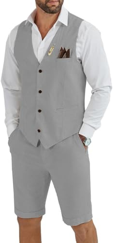 Tiefony Men's Linen 2 Piece Suit Slim Fit Wedding Groom Groomsmen Summer Vest Shorts Set, Gray, S