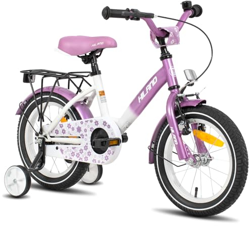 HILAND 16 Zoll Kinderfahrrad, 4 5 6 Jahre Mädchenfahrrad mit Stützrädern, Violett Kinderfahrrad Handbremse Rücktrittbremse Gepäckträger