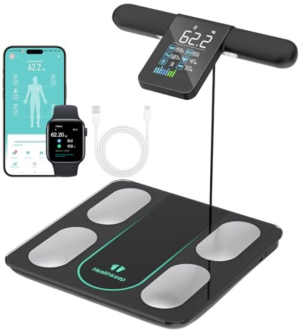 Healthkeep Báscula Persona Balance Conectada Impedancia Con 8 Electrodos 21 Datos Corporal Pantalla VA Medición BIA de Doble Frecuencia Con APP para Andriod e iOS, Máx. 180 kg/400 lb/28