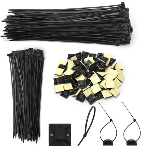 HENGBIRD 200 bridas negras de 120/150 mm y 100 soportes autoadhesivos para bridas de nailon, Sujetacables, pinzas pequeñas para organizar cables, bridas de plástico para el hogar, oficina